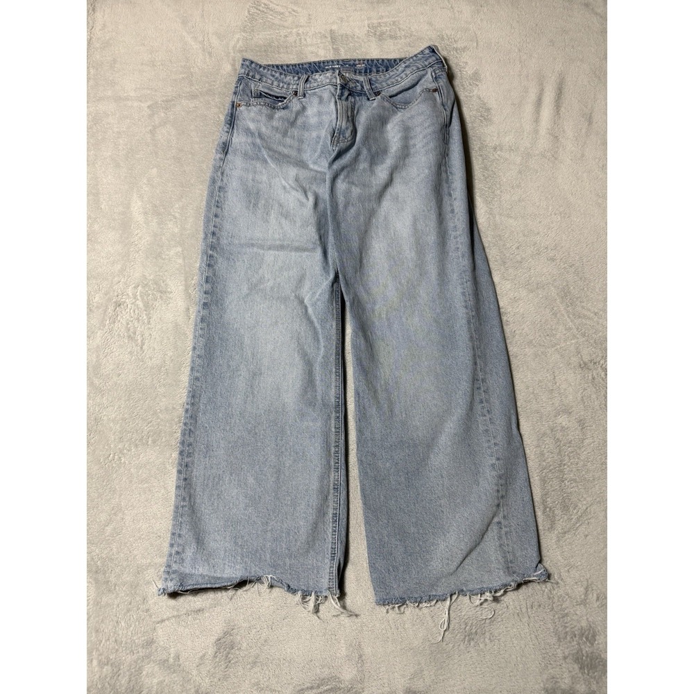 Old Navy Jeans Womens 12 Petite Blue Extra High Rise Fray Wide Leg 31x27.5